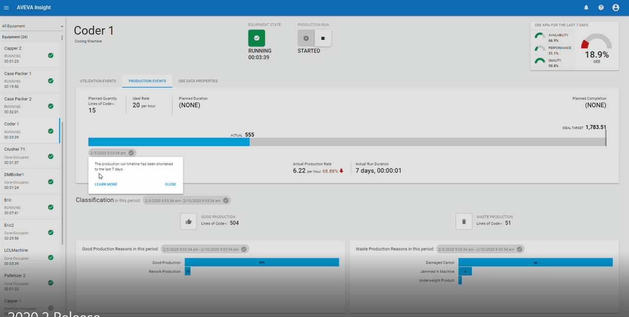 The production window in AVEVA Insight now displays the last 7 days