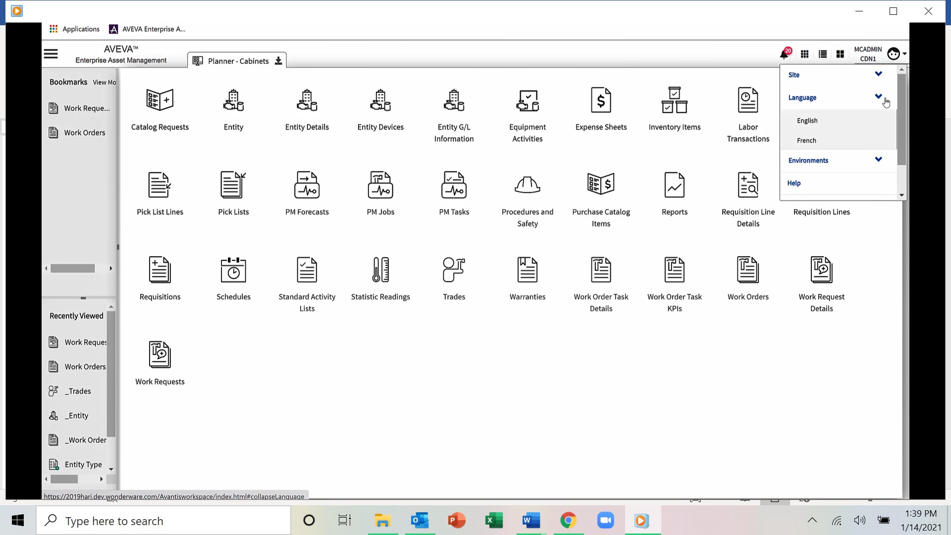 Screen shot of user selecting language from the Web Client.
