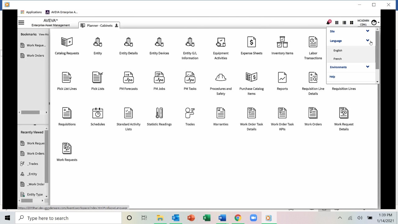 Screen shot of user selecting language from the Web Client.